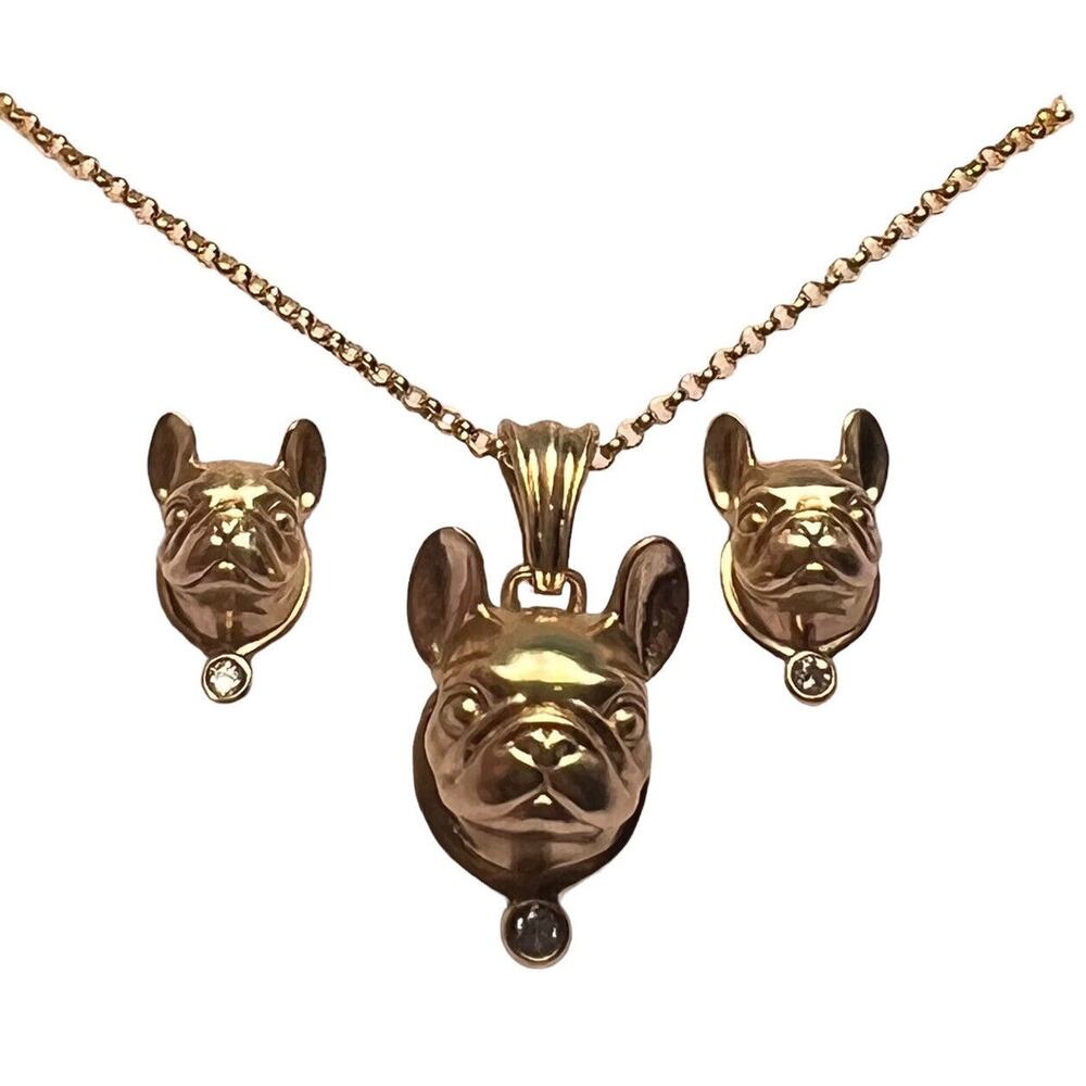 French Bulldogs Hand Cast 14k Gold Diamonds Necklace Earrings Gregory Burgard